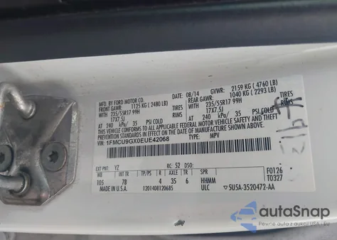 2014 Ford Escape Se z USA, uszkodzony, nr VIN 1FMCU9GX0EUE42068